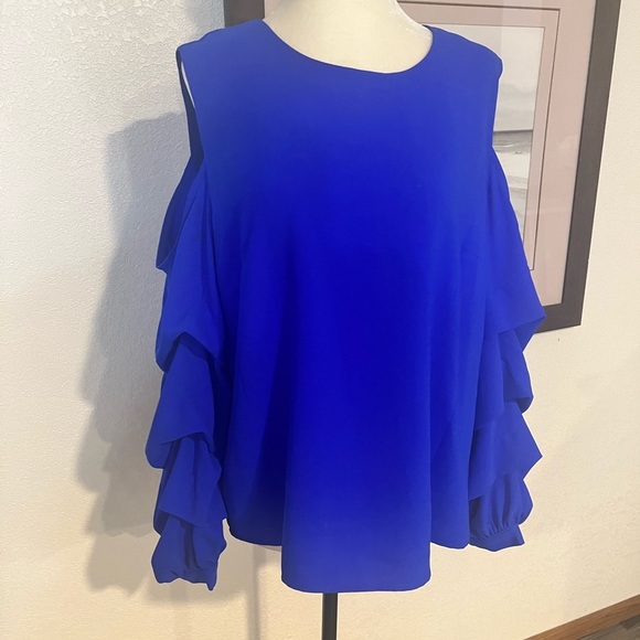Stitch fix Truly Poppy open shoulder ruffle sleeve blue blouse. - Picture 2 of 5